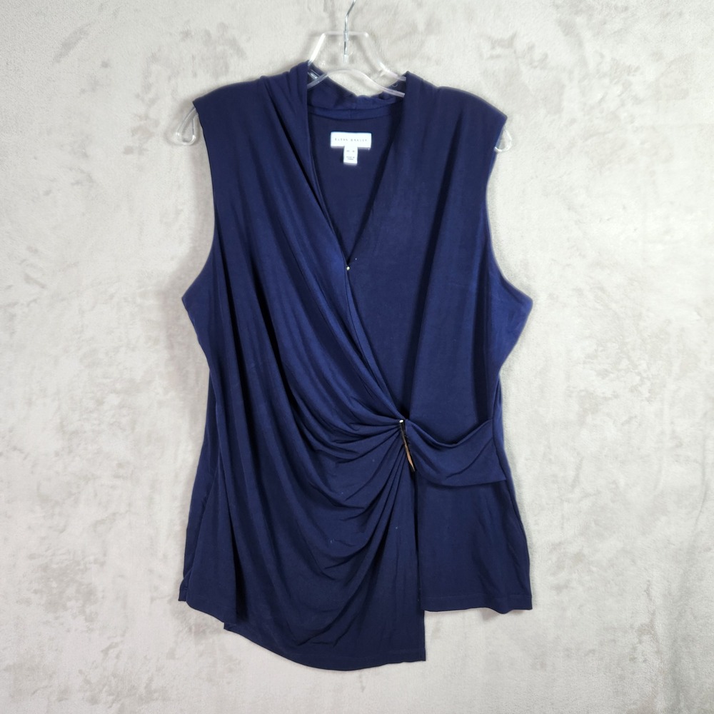 Susan Graver‎ Top Womens XL Navy Lace Liquid Knit Draped Faux Wrap Gold A692155